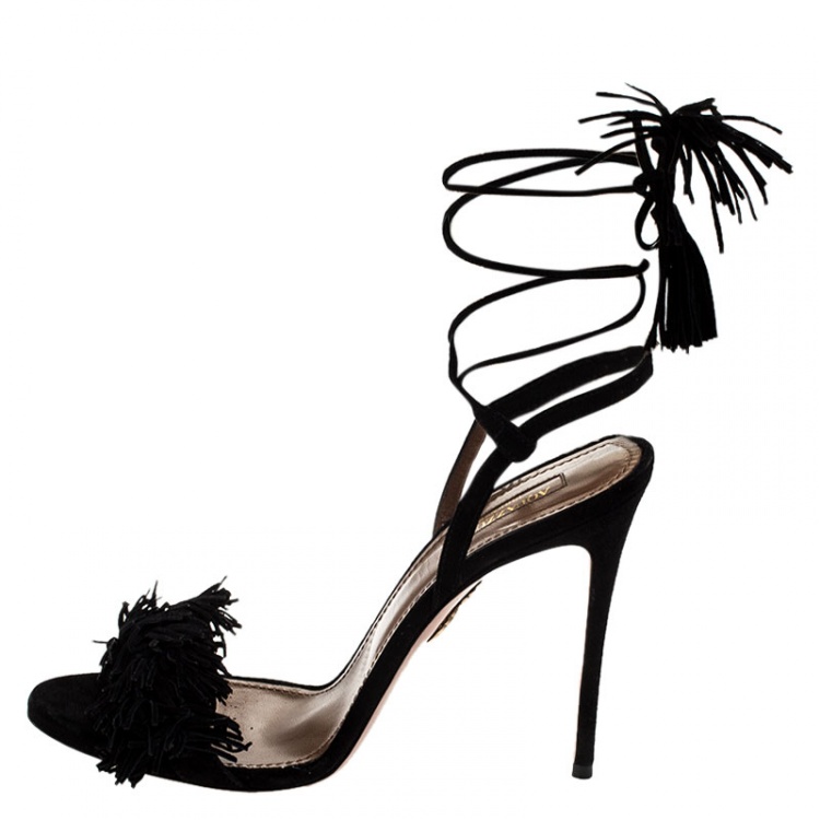 Pre Owned Aquazzura Black Fringed Suede Wild Thing Ankle Wrap Sandals Size 40