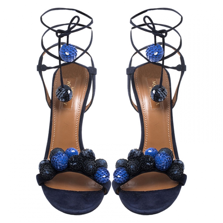 مملوكة مسبقًا Aquazzura Blue Suede and Sequins Disco Thing Ankle Wrap Sandals Size 37.5