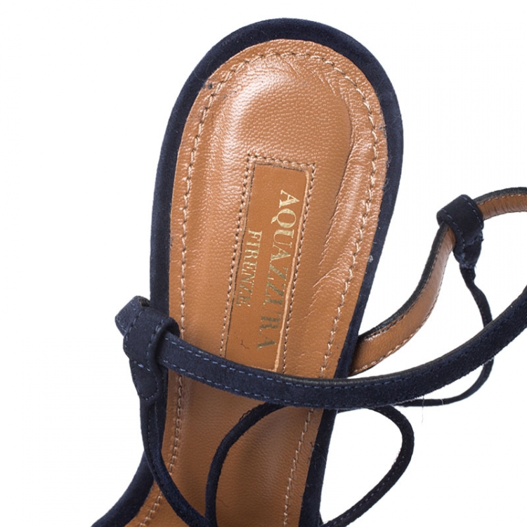 مملوكة مسبقًا Aquazzura Blue Suede and Sequins Disco Thing Ankle Wrap Sandals Size 37.5