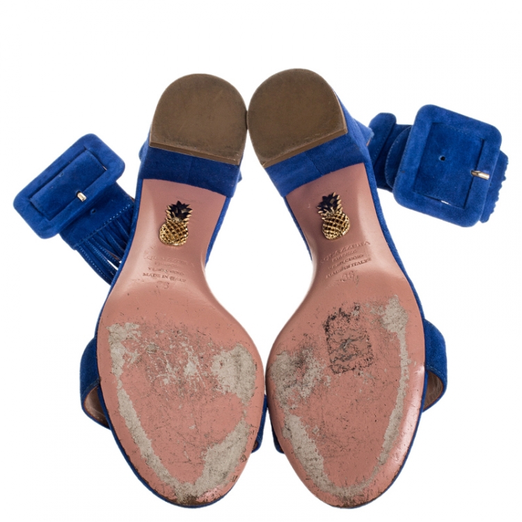 Pre Owned Aquazzura Blue Suede Casablanca Ankle Cuff Block Heel Sandals Size 36