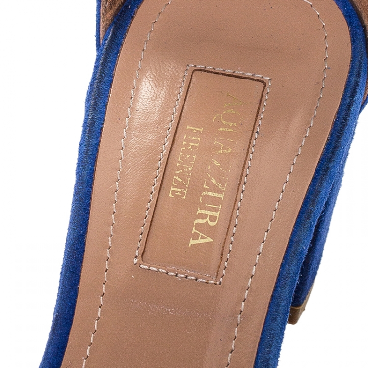 Pre Owned Aquazzura Blue Suede Casablanca Ankle Cuff Block Heel Sandals Size 36