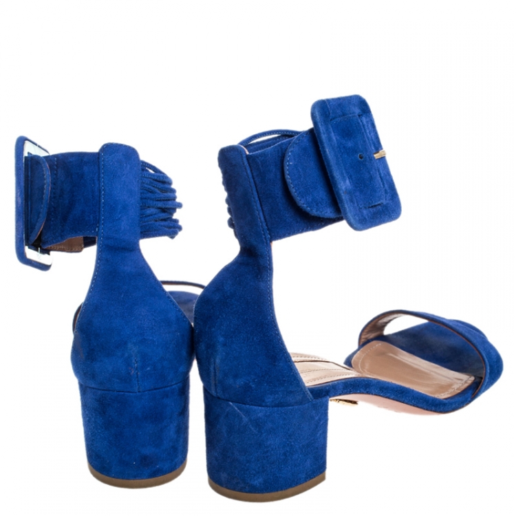 Pre Owned Aquazzura Blue Suede Casablanca Ankle Cuff Block Heel Sandals Size 36