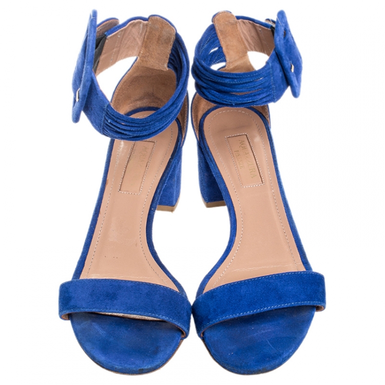 Pre Owned Aquazzura Blue Suede Casablanca Ankle Cuff Block Heel Sandals Size 36