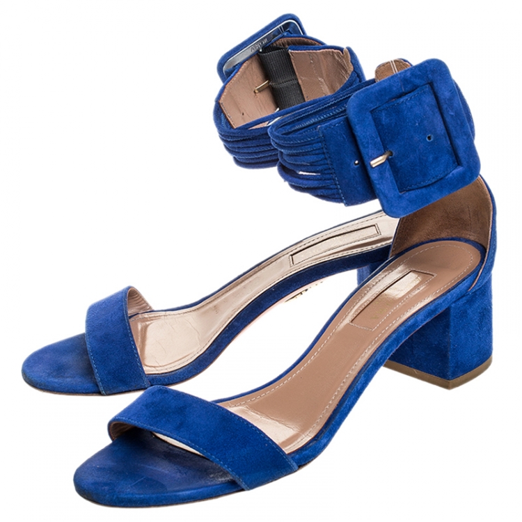 Pre Owned Aquazzura Blue Suede Casablanca Ankle Cuff Block Heel Sandals Size 36
