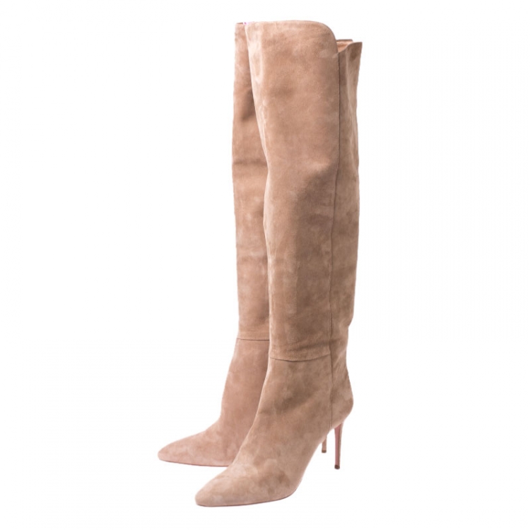 Pre Owned Aquazzura Beige Suede Gainsbourg Knee Length Boots Size 42