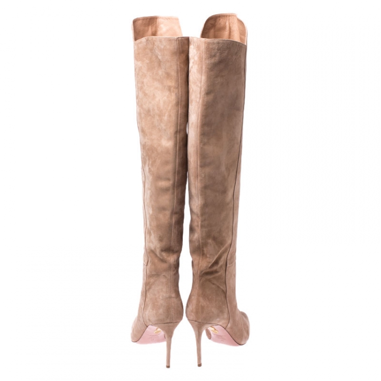 Pre Owned Aquazzura Beige Suede Gainsbourg Knee Length Boots Size 42