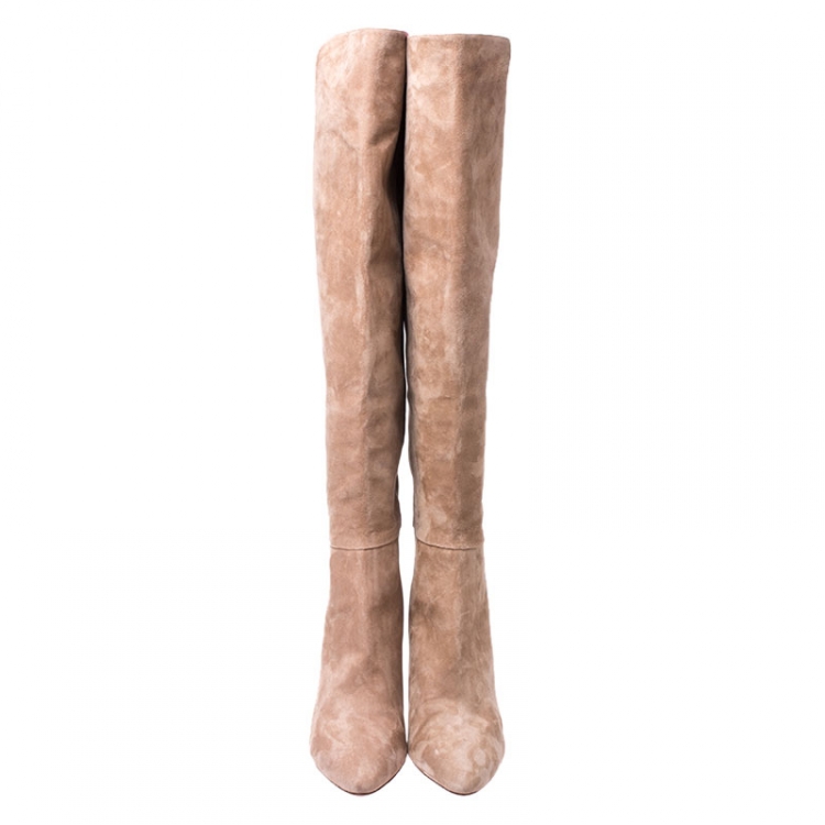 Pre Owned Aquazzura Beige Suede Gainsbourg Knee Length Boots Size 42
