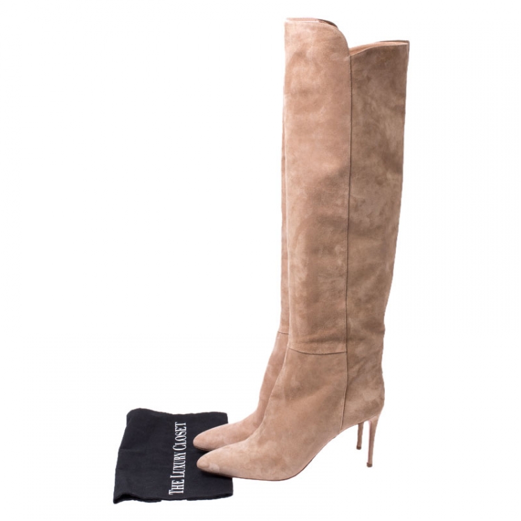 Pre Owned Aquazzura Beige Suede Gainsbourg Knee Length Boots Size 42