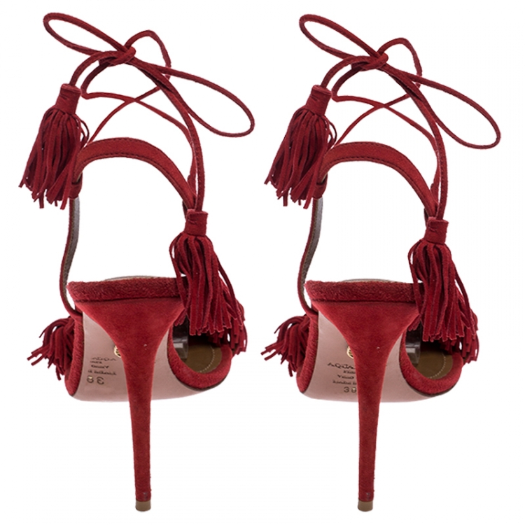 Pre Owned Aquazzura Red Suede Wild Thing Ankle Wrap Sandals Size 38.5