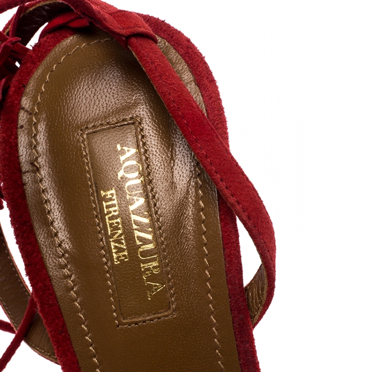 Pre Owned Aquazzura Red Suede Wild Thing Ankle Wrap Sandals Size 38.5