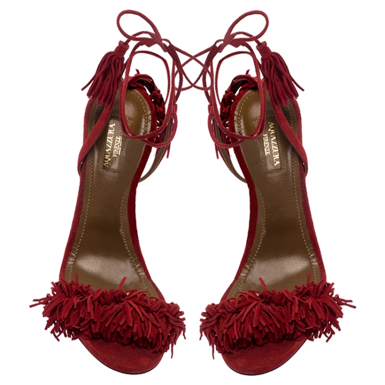 Pre Owned Aquazzura Red Suede Wild Thing Ankle Wrap Sandals Size 38.5