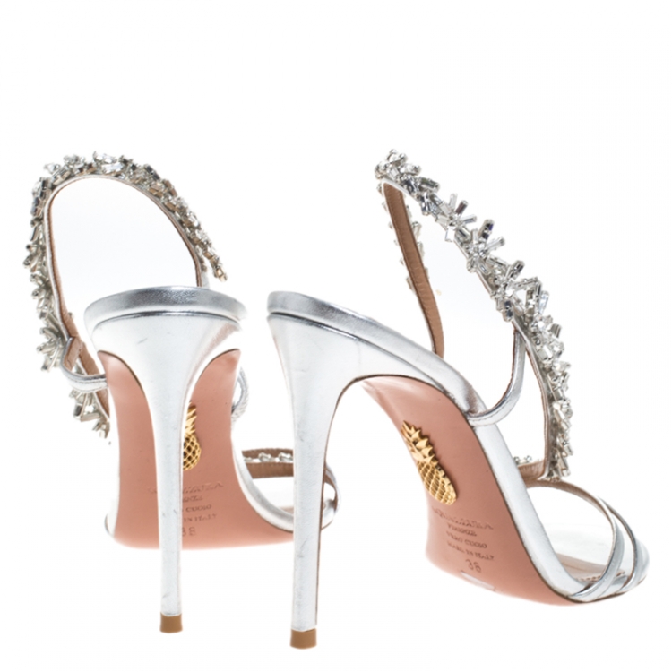 Pre Owned Aquazzura Metallic Silver Leather Crystal Embellished Chateau Slingback Sandals Size 38