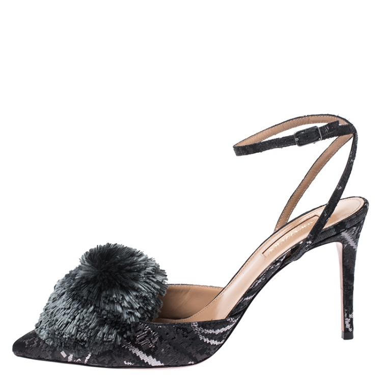 مملوكة مسبقًا Aquazzura Black Brocade Fabric and Velvet Powder Puff Ankle Strap Sandals Size 38.5