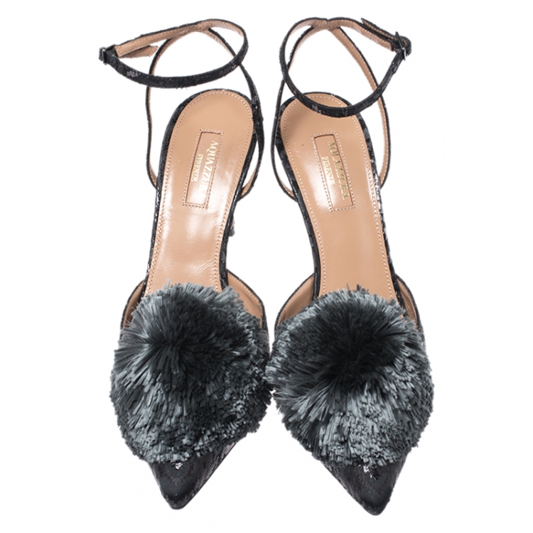 مملوكة مسبقًا Aquazzura Black Brocade Fabric and Velvet Powder Puff Ankle Strap Sandals Size 38.5