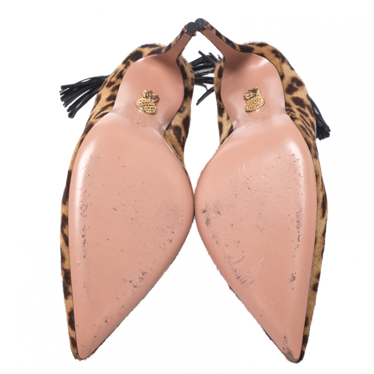 Pre Owned Aquazzura Brown Leopard Print Calf Hair Forever Marilyn Cutout Tasseled Pointed Toe Pumps 37.5