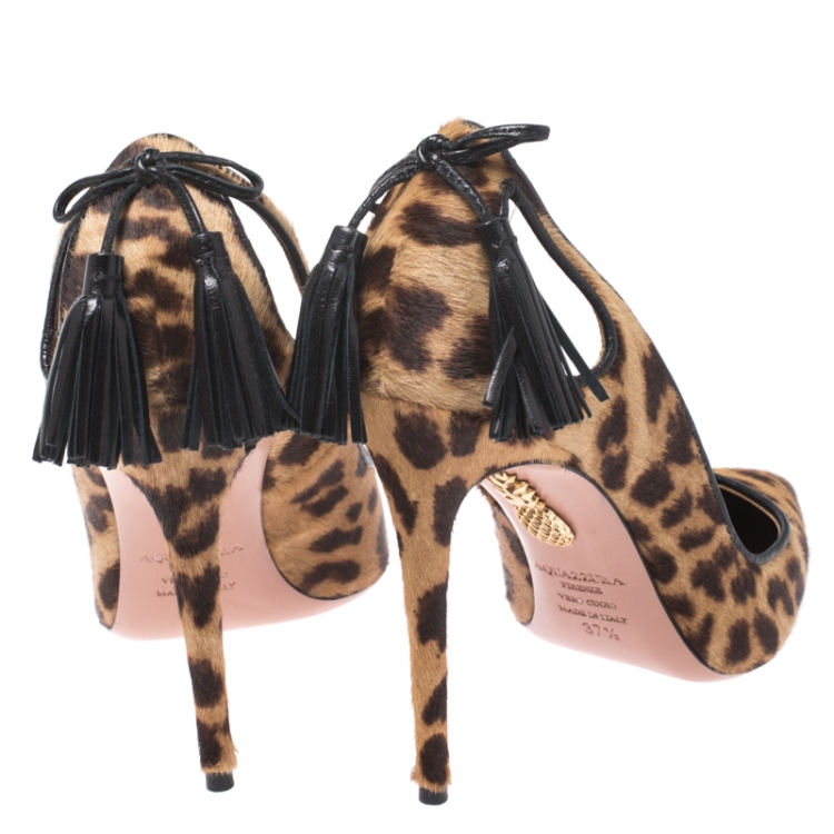 Pre Owned Aquazzura Brown Leopard Print Calf Hair Forever Marilyn Cutout Tasseled Pointed Toe Pumps 37.5