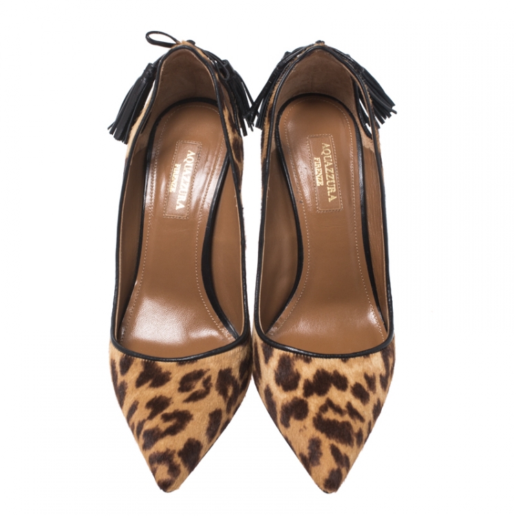 Pre Owned Aquazzura Brown Leopard Print Calf Hair Forever Marilyn Cutout Tasseled Pointed Toe Pumps 37.5