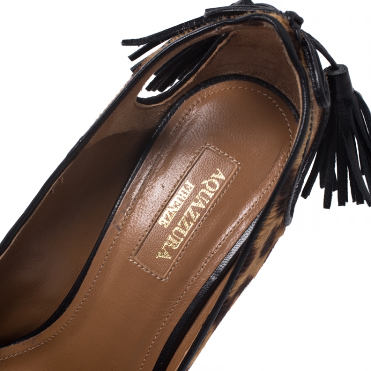 Pre Owned Aquazzura Brown Leopard Print Calf Hair Forever Marilyn Cutout Tasseled Pointed Toe Pumps 37.5