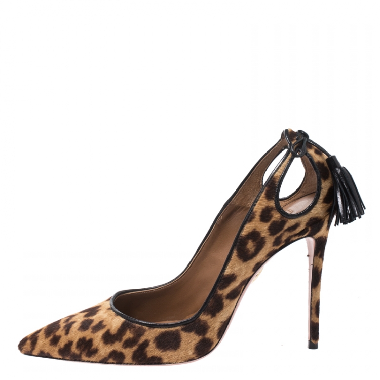 Pre Owned Aquazzura Brown Leopard Print Calf Hair Forever Marilyn Cutout Tasseled Pointed Toe Pumps 37.5