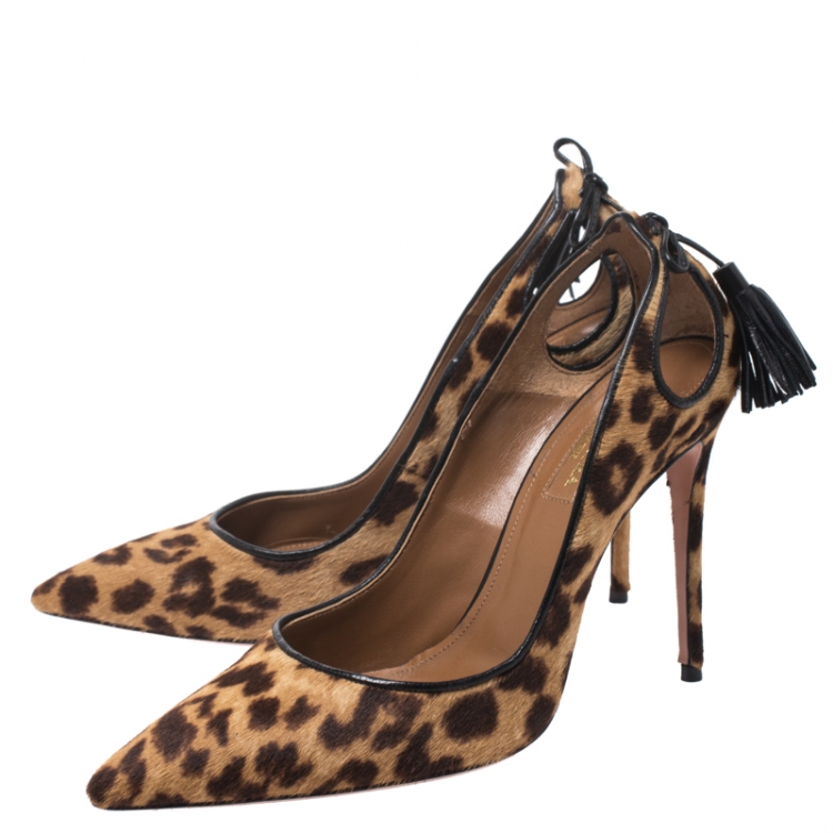Pre Owned Aquazzura Brown Leopard Print Calf Hair Forever Marilyn Cutout Tasseled Pointed Toe Pumps 37.5