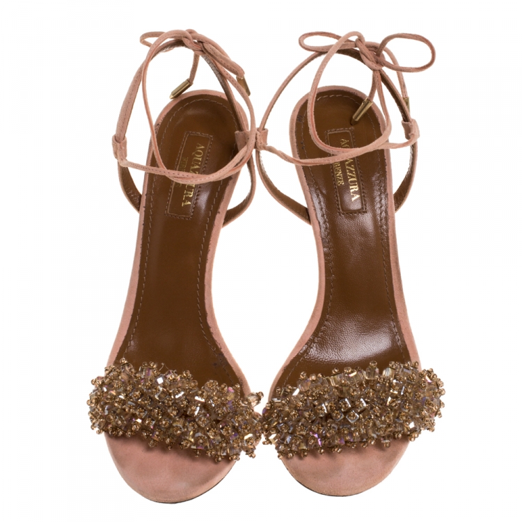 Pre Owned Aquazzura Peach Suede Monaco Embellished Ankle Wrap Sandals Size 37