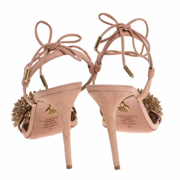 Pre Owned Aquazzura Peach Suede Monaco Embellished Ankle Wrap Sandals Size 37