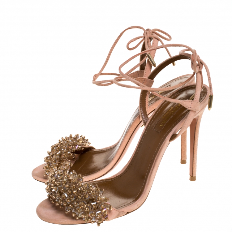 Pre Owned Aquazzura Peach Suede Monaco Embellished Ankle Wrap Sandals Size 37
