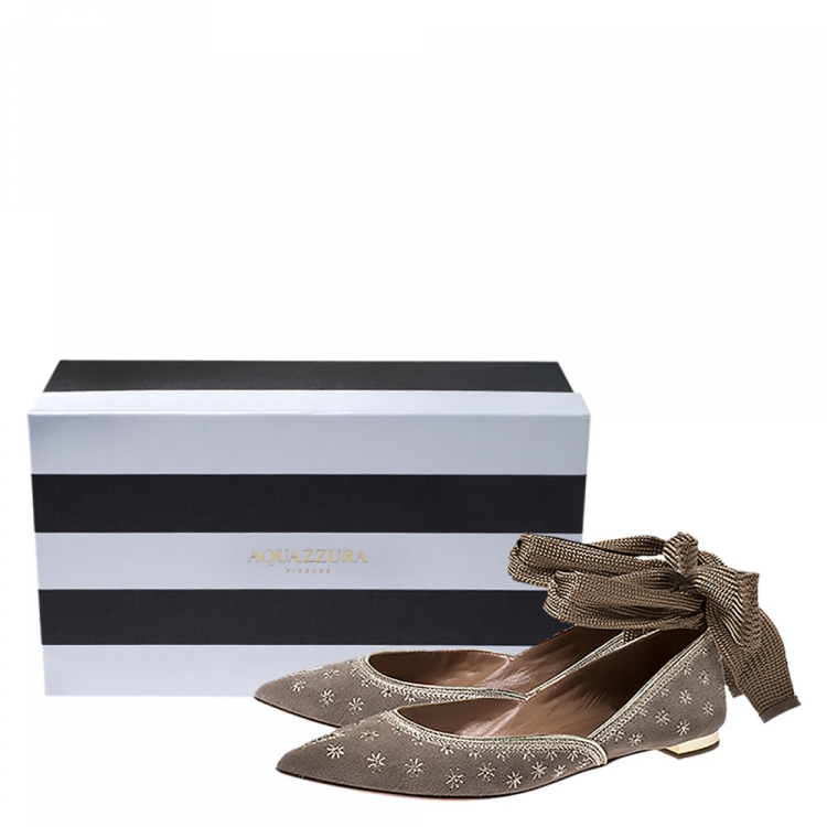 Pre Owned Aquazzura Beige/Gold Embroidered Suede Bliss Ankle Wrap Ballet Flats Size 38.5 
