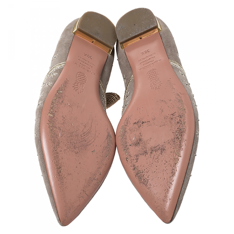 Pre Owned Aquazzura Beige/Gold Embroidered Suede Bliss Ankle Wrap Ballet Flats Size 38.5 