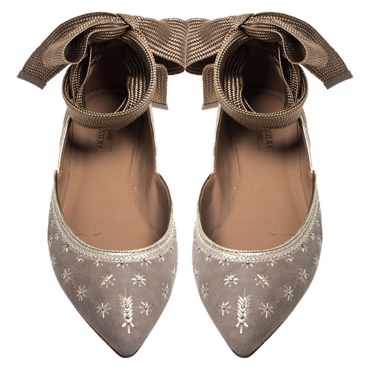 Pre Owned Aquazzura Beige/Gold Embroidered Suede Bliss Ankle Wrap Ballet Flats Size 38.5 