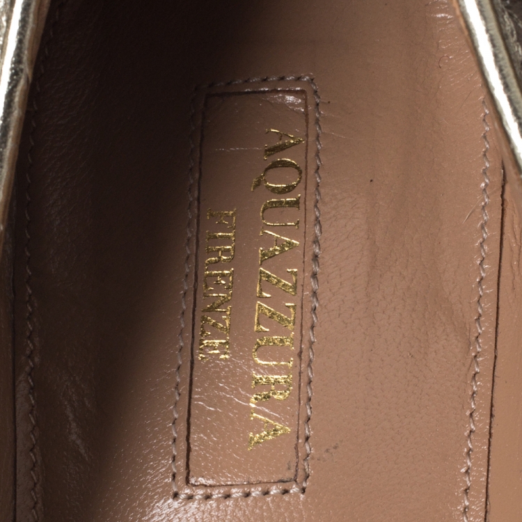 Pre Owned Aquazzura Beige/Gold Embroidered Suede Bliss Ankle Wrap Ballet Flats Size 38.5 