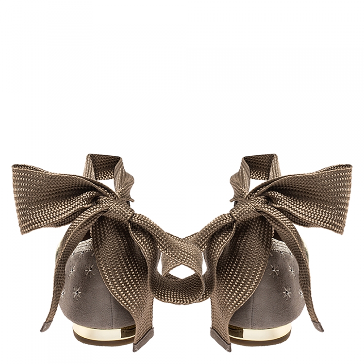Pre Owned Aquazzura Beige/Gold Embroidered Suede Bliss Ankle Wrap Ballet Flats Size 38.5 