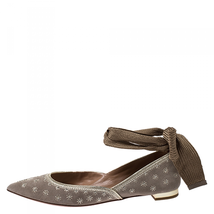 Pre Owned Aquazzura Beige/Gold Embroidered Suede Bliss Ankle Wrap Ballet Flats Size 38.5 