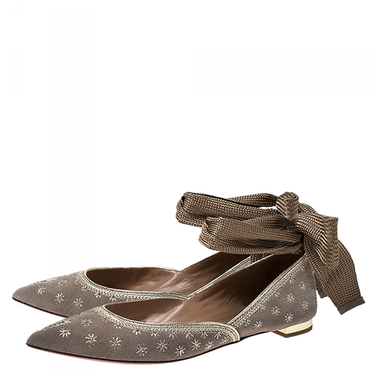Pre Owned Aquazzura Beige/Gold Embroidered Suede Bliss Ankle Wrap Ballet Flats Size 38.5 