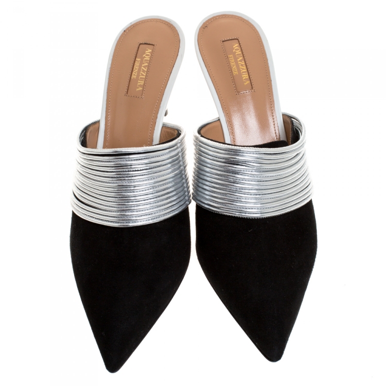 Pre Owned Aquazzura Black/Silver Suede and Leather Rendez  Vous Mules Size 42
