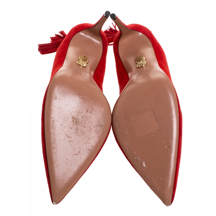 Pre Owned Aquazzura Red Suede Leather Forever Marilyn 85 Cut Out Tassel Detail Pointed Toe Pumps Size 41