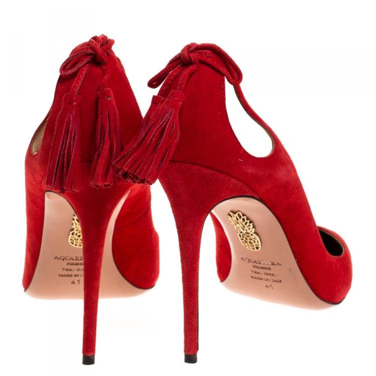 Pre Owned Aquazzura Red Suede Leather Forever Marilyn 85 Cut Out Tassel Detail Pointed Toe Pumps Size 41