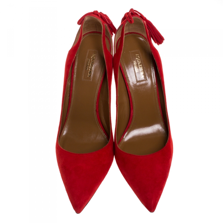 Pre Owned Aquazzura Red Suede Leather Forever Marilyn 85 Cut Out Tassel Detail Pointed Toe Pumps Size 41