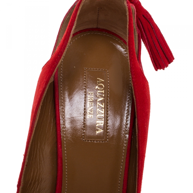 Pre Owned Aquazzura Red Suede Leather Forever Marilyn 85 Cut Out Tassel Detail Pointed Toe Pumps Size 41