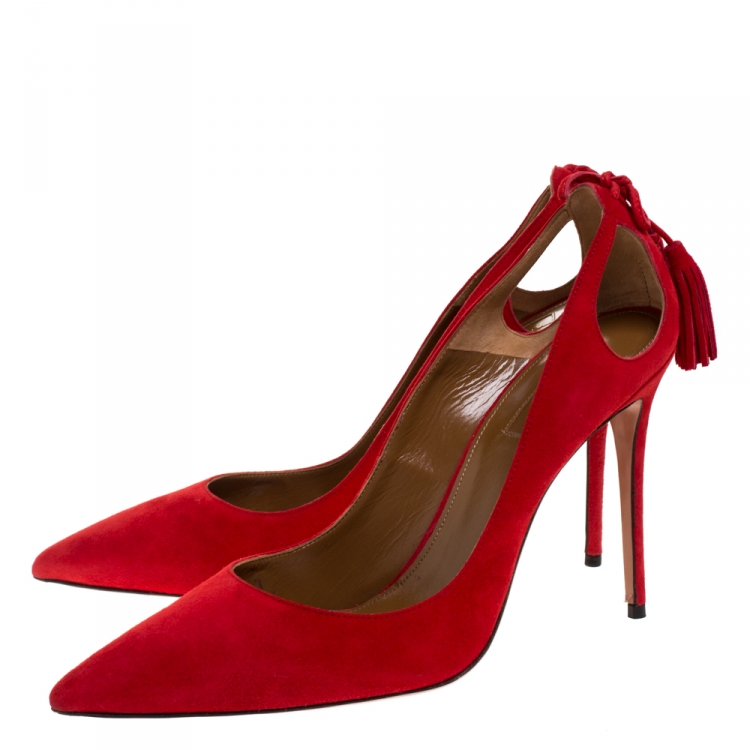 Pre Owned Aquazzura Red Suede Leather Forever Marilyn 85 Cut Out Tassel Detail Pointed Toe Pumps Size 41