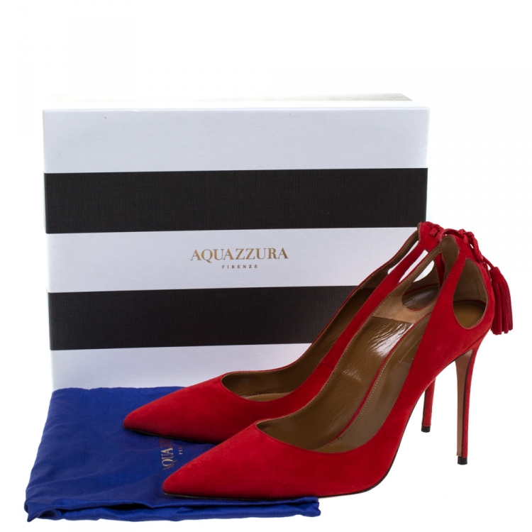 Pre Owned Aquazzura Red Suede Leather Forever Marilyn 85 Cut Out Tassel Detail Pointed Toe Pumps Size 41