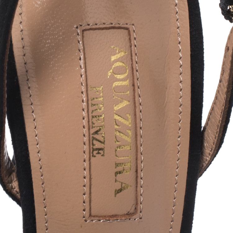 Pre Owned Aquazzura Black Suede Powder Puff Pointed Toe Slingback Sandals Size 38