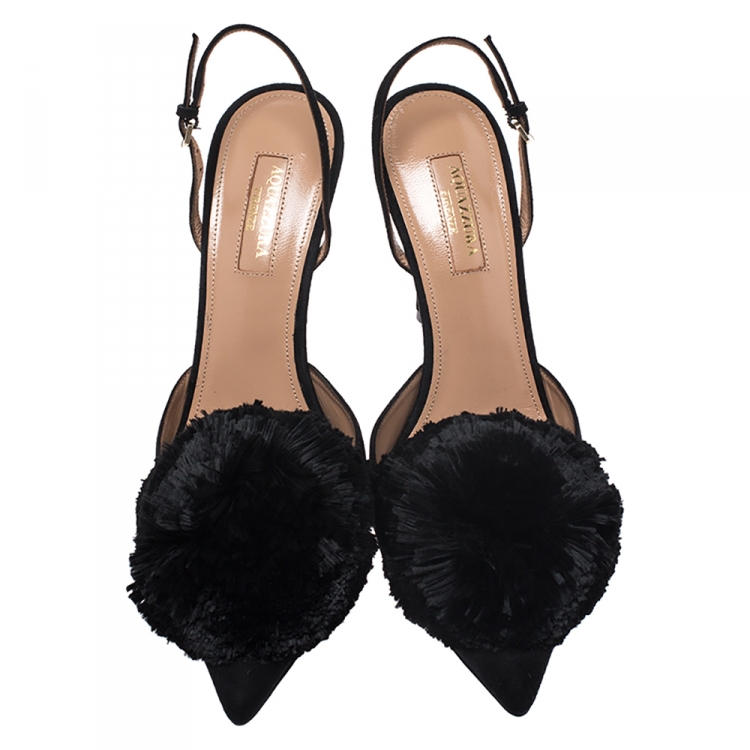 Pre Owned Aquazzura Black Suede Powder Puff Pointed Toe Slingback Sandals Size 38