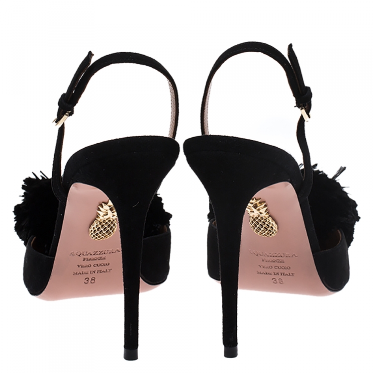 Pre Owned Aquazzura Black Suede Powder Puff Pointed Toe Slingback Sandals Size 38
