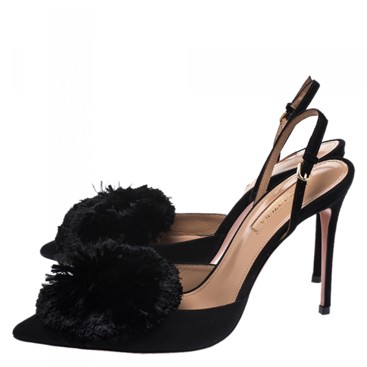 Pre Owned Aquazzura Black Suede Powder Puff Pointed Toe Slingback Sandals Size 38