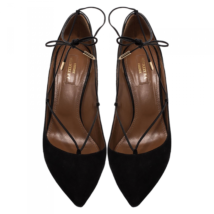 Pre Owned Aquazzura Black Suede Leather Ankle Wrap Pointed Toe Pumps Size 39