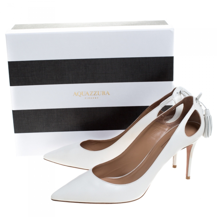 مملوكة مسبقًا Aquazzura White Leather Forever Marilyn 85 Cut Out Tassel Detail Pointed Toe Pumps Size 42