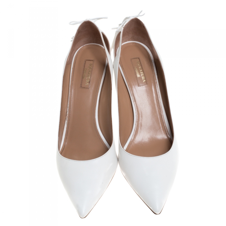 مملوكة مسبقًا Aquazzura White Leather Forever Marilyn 85 Cut Out Tassel Detail Pointed Toe Pumps Size 42