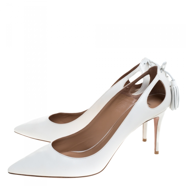 مملوكة مسبقًا Aquazzura White Leather Forever Marilyn 85 Cut Out Tassel Detail Pointed Toe Pumps Size 42