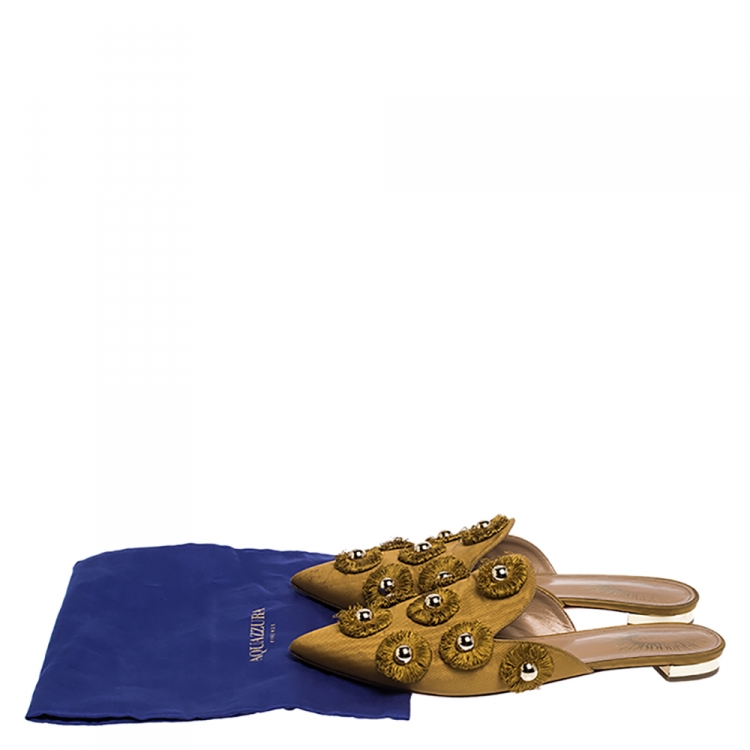 Pre Owned Aquazzura Mustard Yellow Fabric Sunflower Pointed Toe Flat Mules Size 39